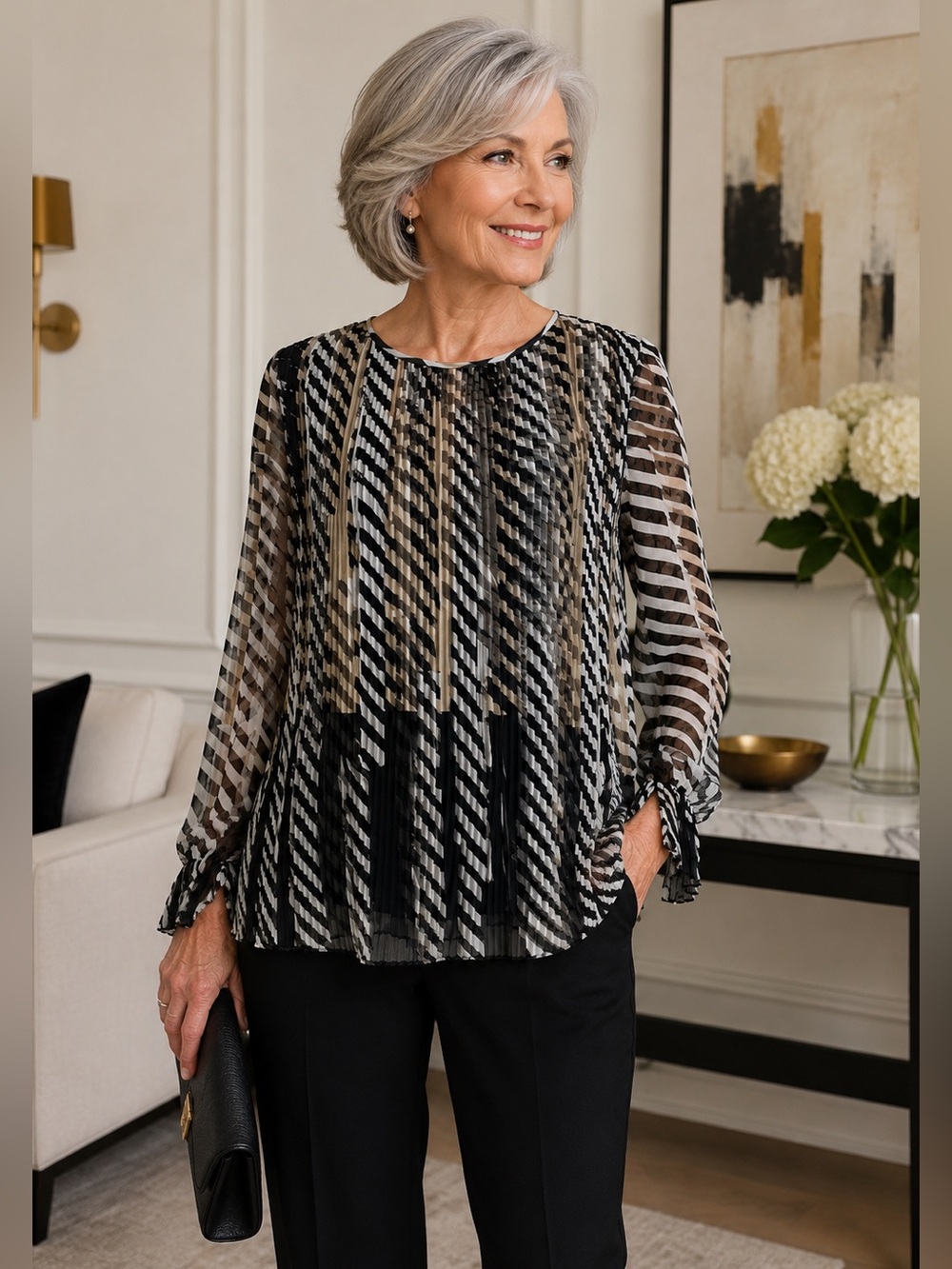 ST. JOHN Sheer Silk Chiffon Longsleeve Blouse Top